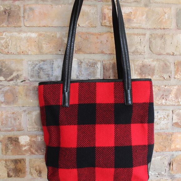 Pendleton 100% Wool / Leather Buffalo Plaid Tote Bag Shoulder Purse - Picture 15 of 15